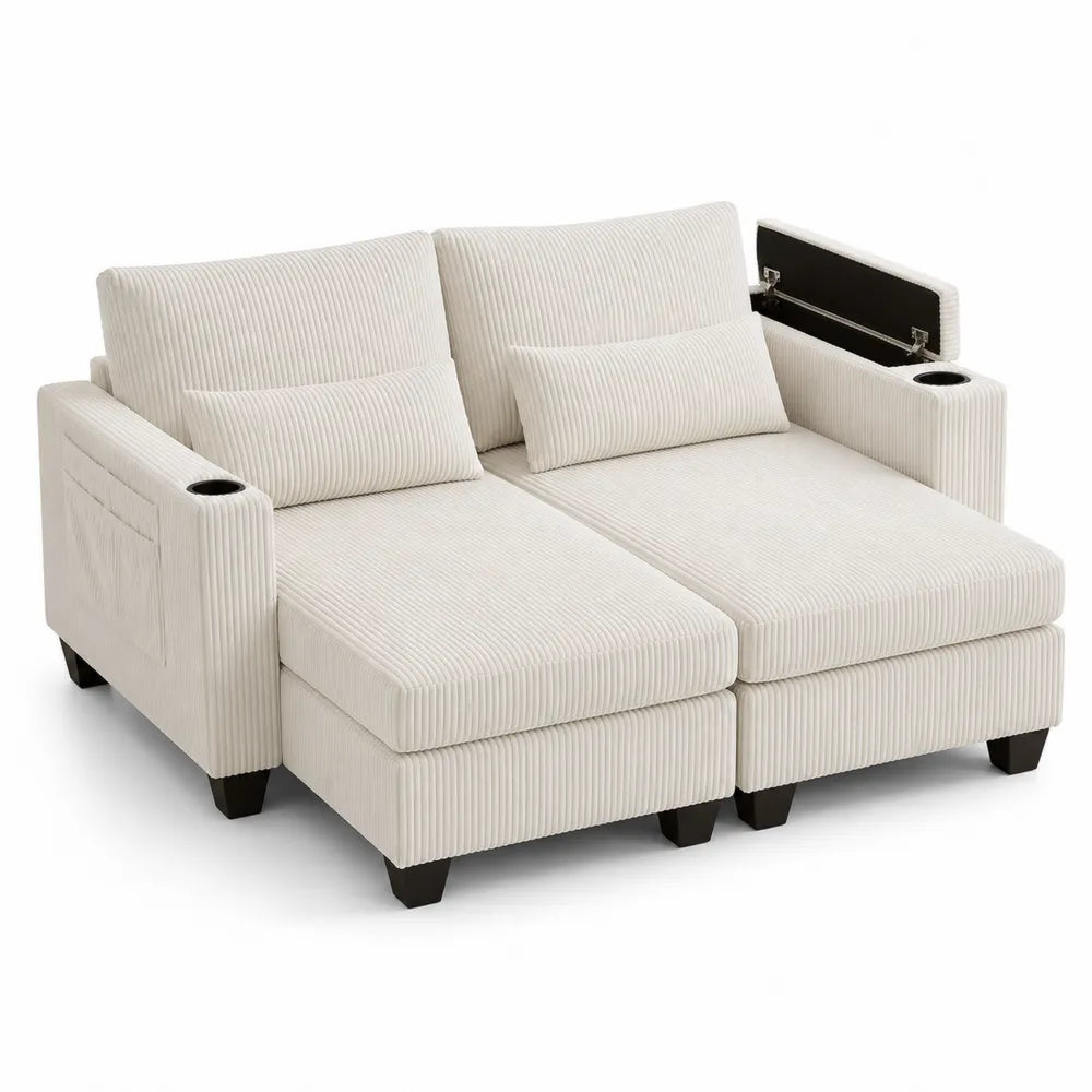 Canapé d'angle modulable en velours côtelé beige avec porte-gobelets