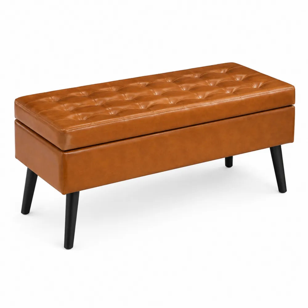 Banc rectangulaire en cuir synthétique marron avec pieds en bois