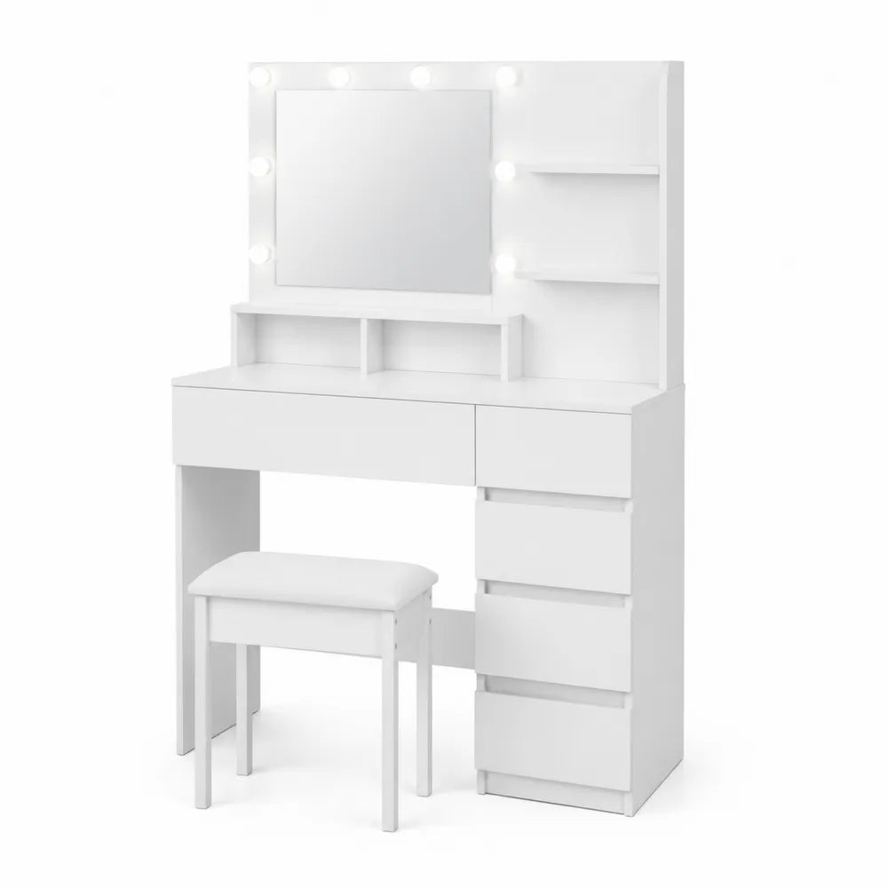 Coiffeuse en bois avec miroir éclairé et tabouret blanc