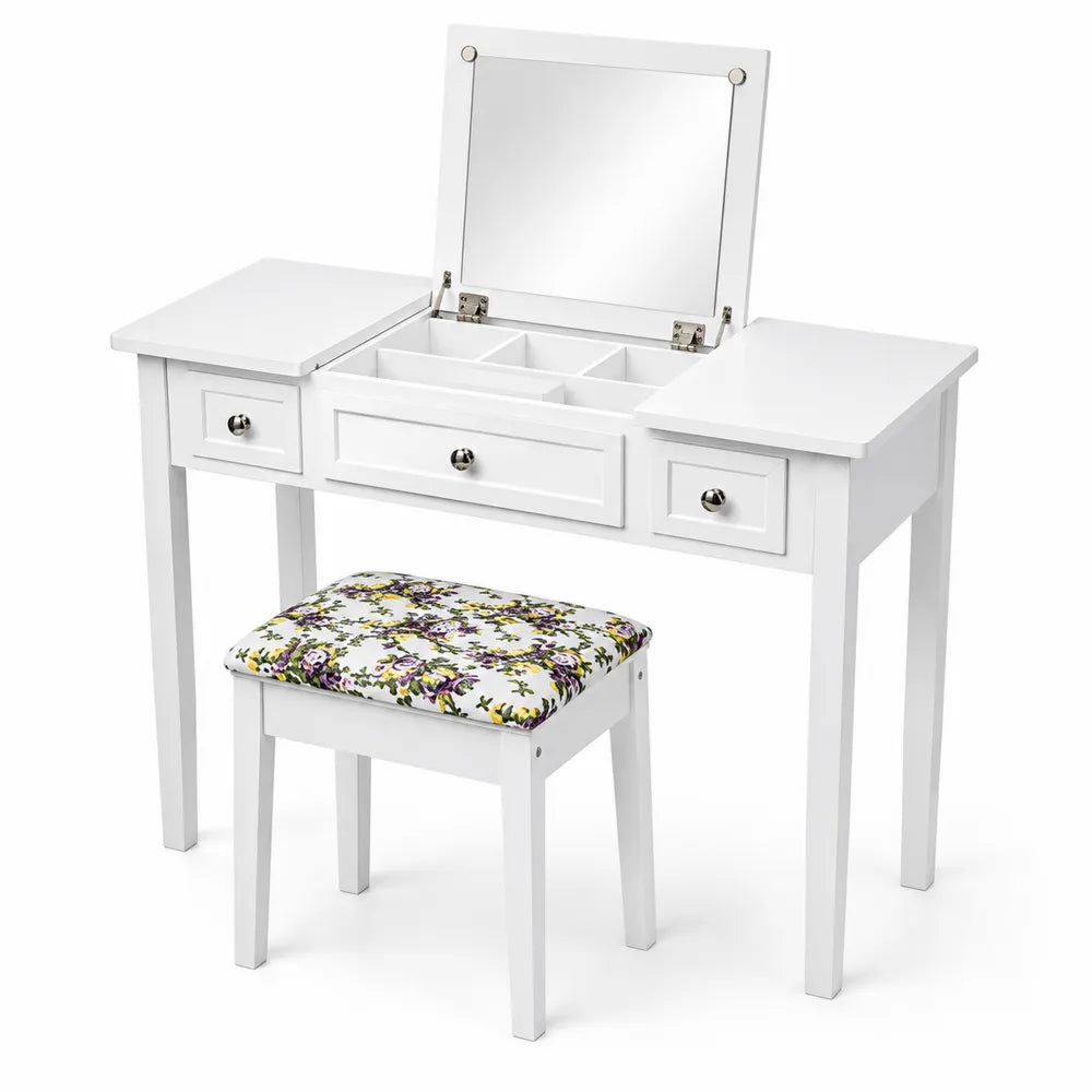Coiffeuse avec Miroir et Tabouret Inclus en Bois Blanc