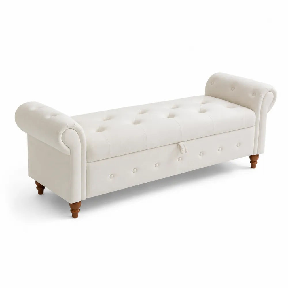 Banc en bois et tissu crème avec rangement 150 cm
