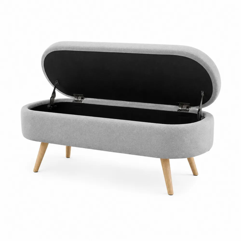 Banc de rangement en tissu gris avec pieds en bois