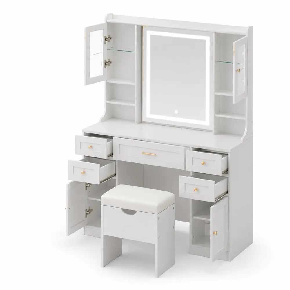 Coiffeuse en bois MDF blanc avec miroir LED et tabouret