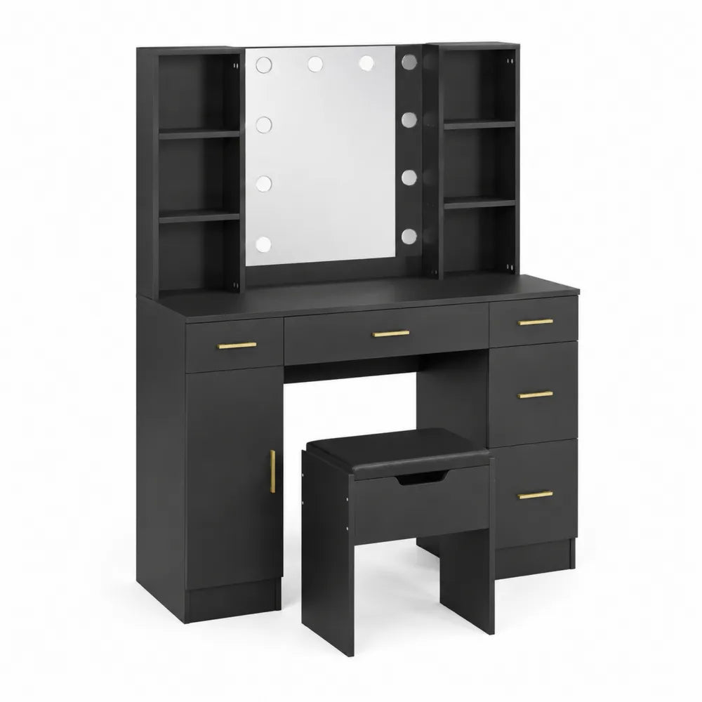 Coiffeuse avec miroir éclairé et tabouret en MDF noir
