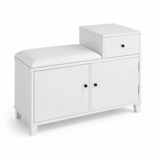 Banc de rangement en bois avec coussin en similicuir et tiroir