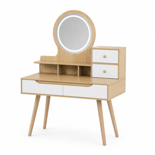 Coiffeuse en Bois avec Miroir LED et Tiroirs Chêne/Blanc