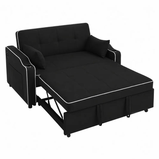 Canapé-lit en tissu noir avec oreillers