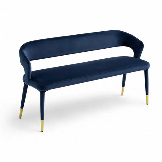 Banc en velours bleu avec pieds en métal finition or