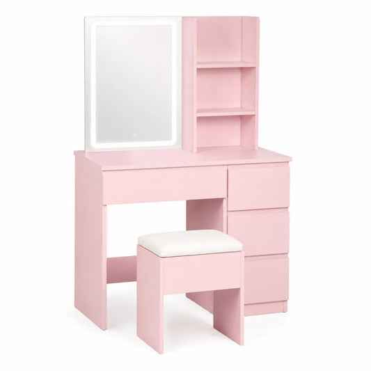 Coiffeuse en bois rose avec miroir LED et tabouret