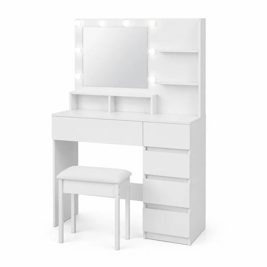 Coiffeuse en bois avec miroir éclairé et tabouret blanc