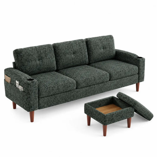 Canapé 3 places tissu polyester Vert foncé avec repose-pieds de rangement