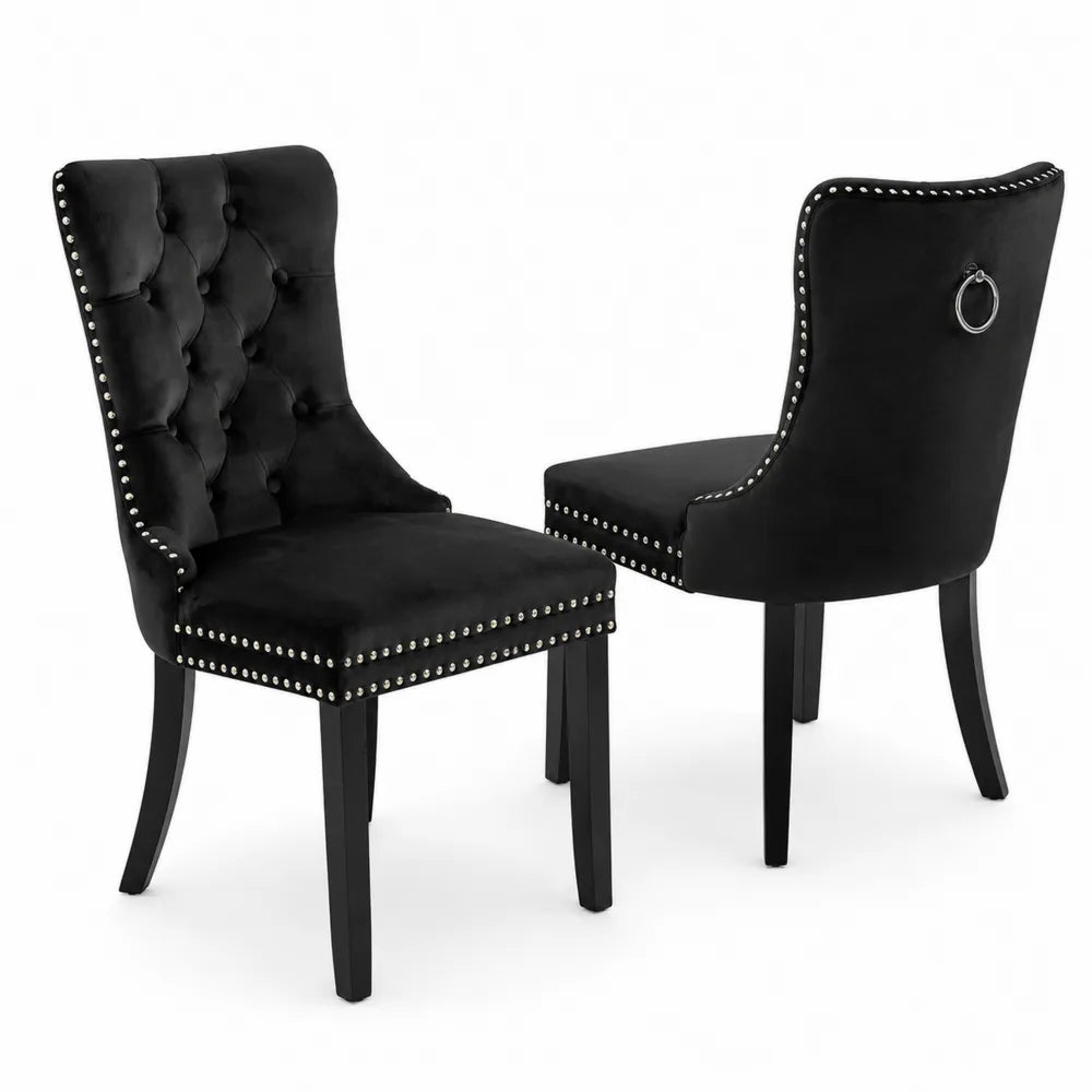 Chaises en velours noir avec dossier capitonné et clous décoratifs