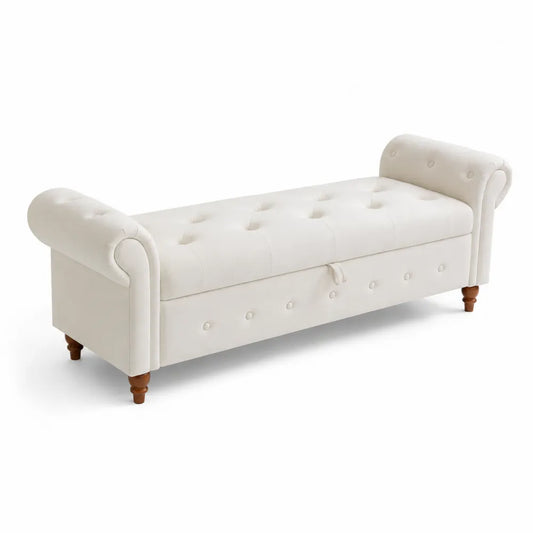 Banc en bois et tissu crème avec rangement 150 cm