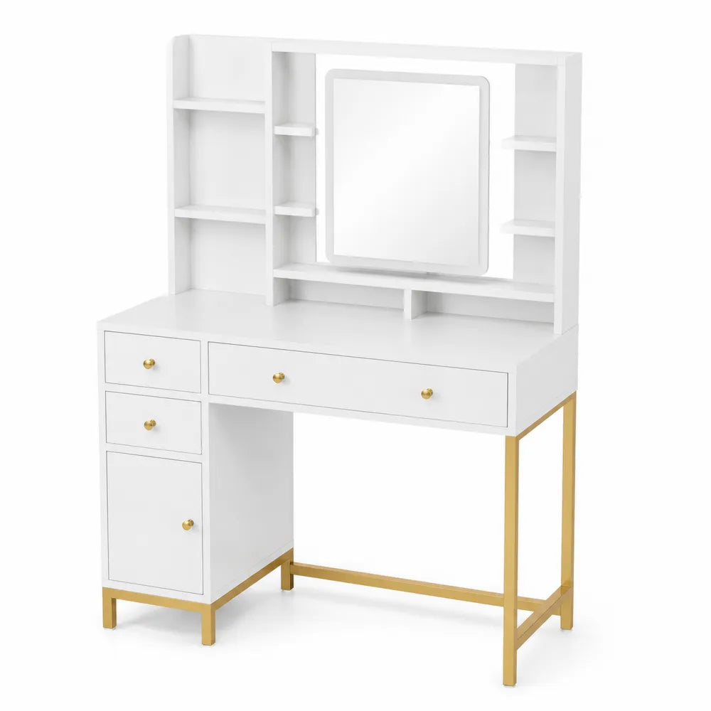 Coiffeuse en bois MDF avec miroir et étagères, pieds dorés