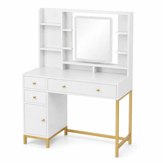 Coiffeuse en bois MDF avec miroir et étagères, pieds dorés