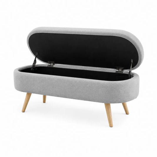 Banc de rangement en tissu gris avec pieds en bois