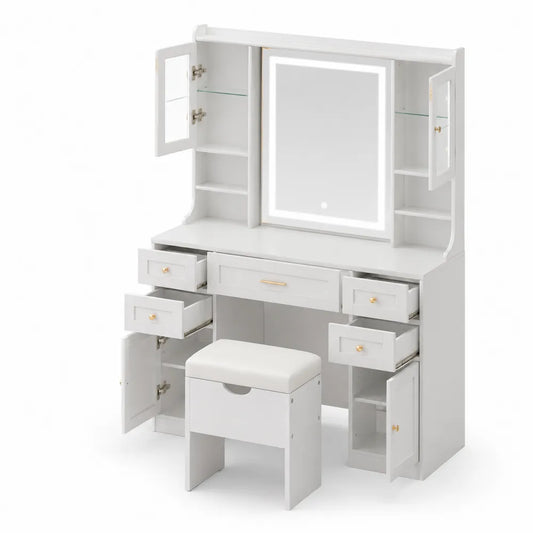 Coiffeuse en bois MDF blanc avec miroir LED et tabouret