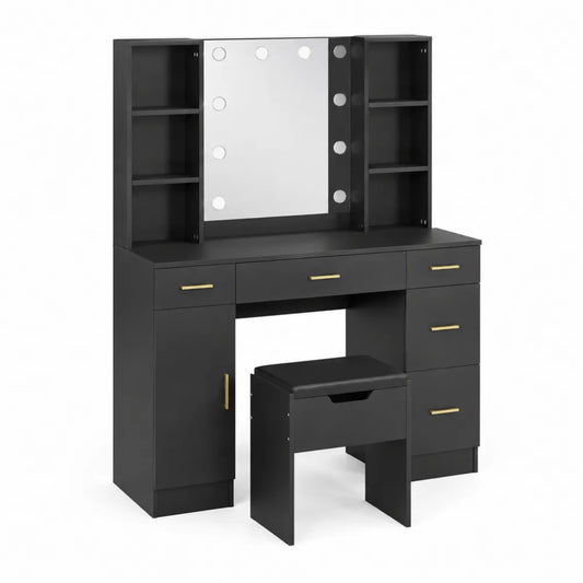 Coiffeuse avec miroir éclairé et tabouret en MDF noir