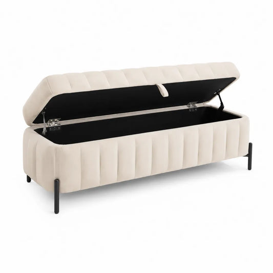 Banc de rangement en velours beige avec pieds en métal noir